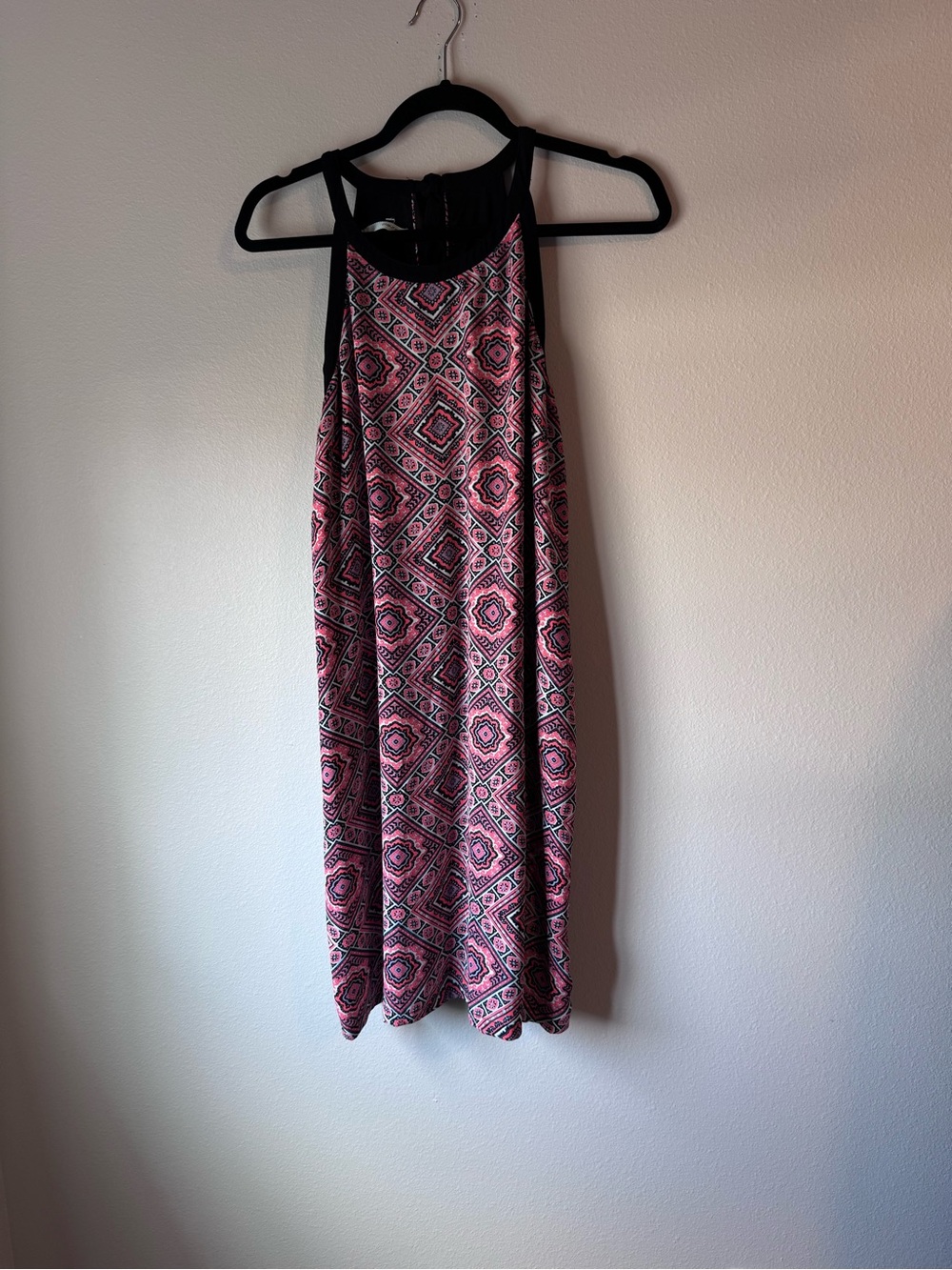 Maurices Pink Geometric Halter Mini Dress with Black Trim